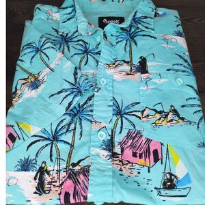 Spencer's Men's Short Sleeve Button up Grim Reaper on the‎ Beach XL Cotton Teal